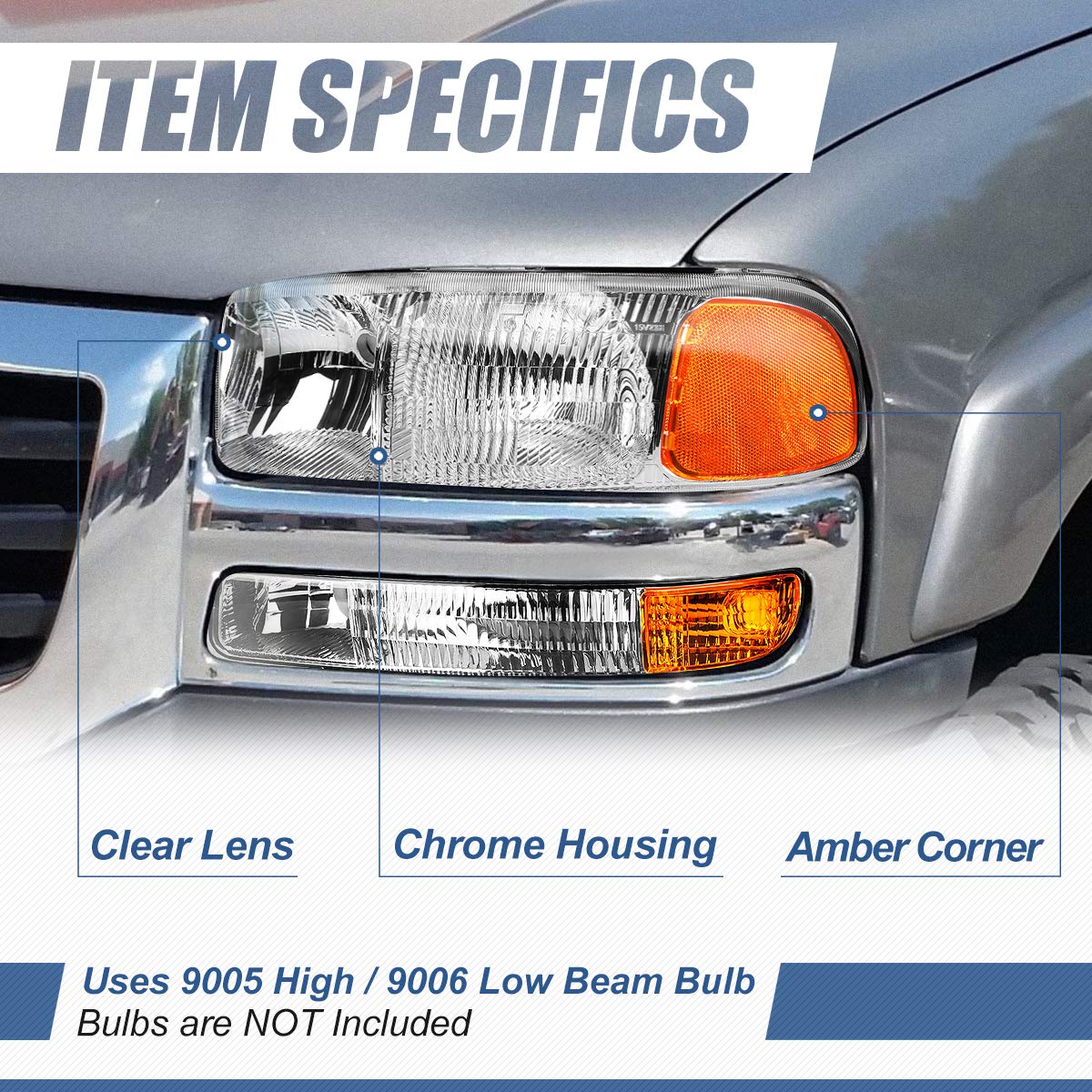 Auto Dynasty Headlights Assembly Compatible with 1999-2007 GMC Sierra Yukon 1500 2500 3500 GMT800 Sierra C3, 4Pcs Headlamps w/Bumper Lamps, Driver and Passenger Side, Chrome Housing