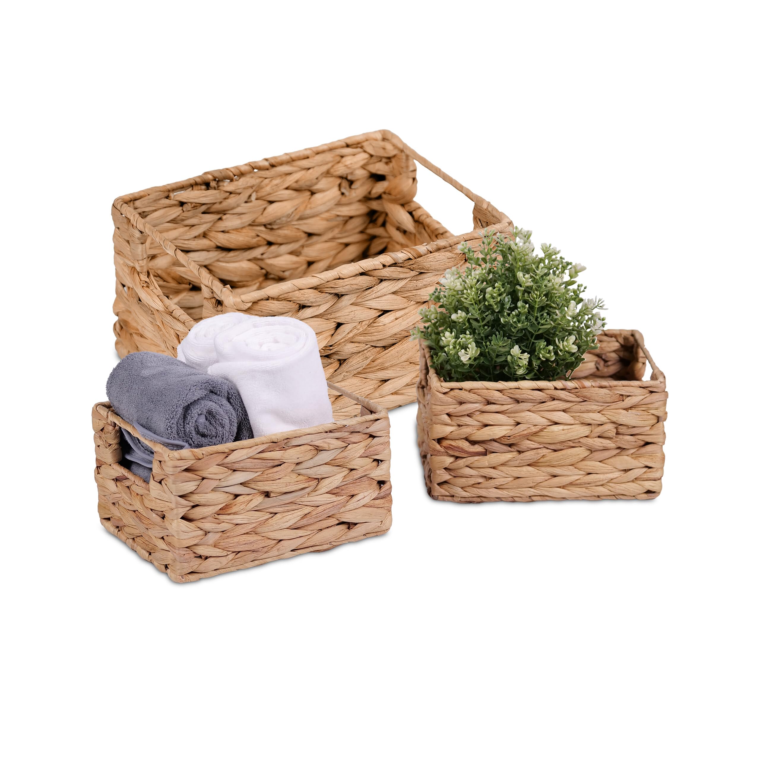 Relaxdays Cestino Portaoggetti in Giacinto d'Acqua Intrecciato, Set 3 Cesti da Bagno e Armadio, Aspetto Vimini, Naturale