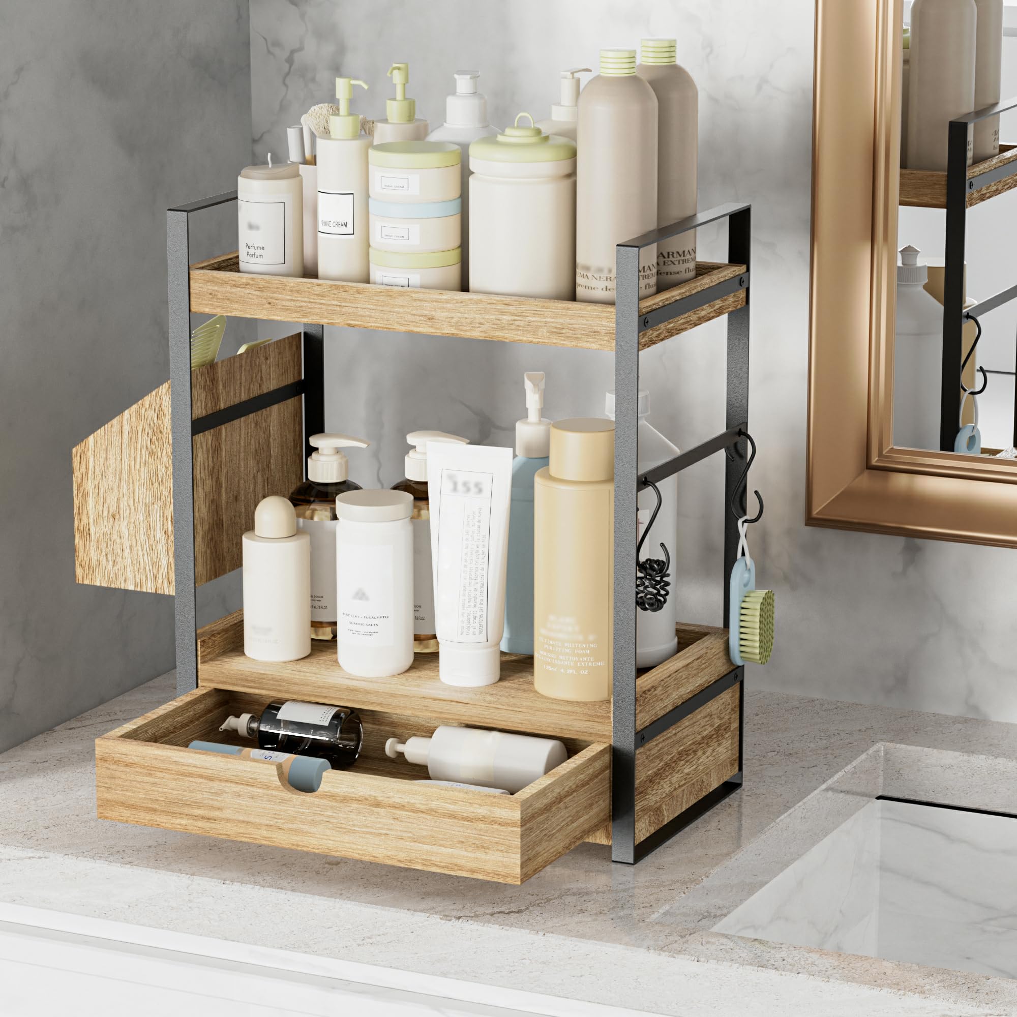 2-Tier Bathroom Counter Organizer with Drawer, Wood countertop