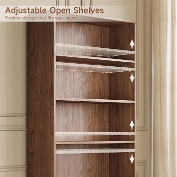 ComfyCorner 71 Tall Bookshelf with Cabinet, 5 Tier Fluted Bookcase Walnut