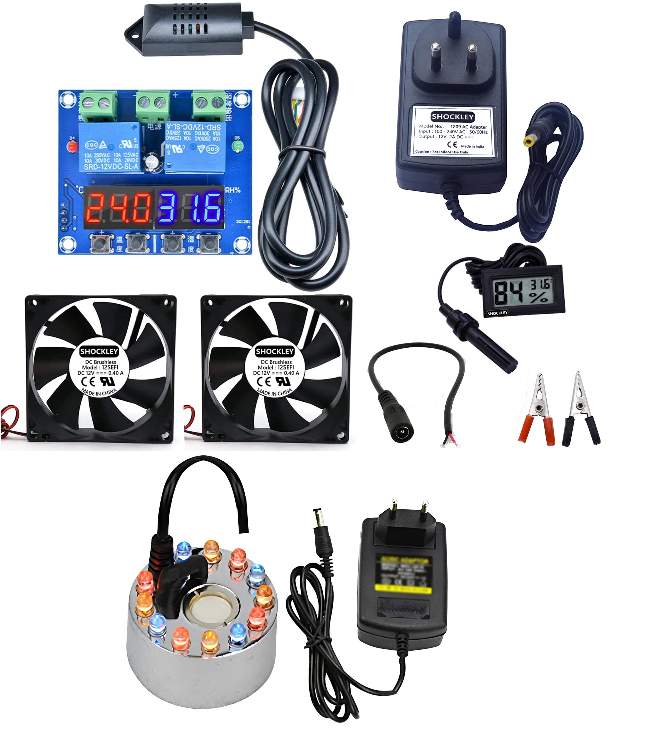 shockley xh-m452 thermostat 12v dc temperature humidity controller + 24v color changing mist maker fogger (xh-m452 + 2 fan hygrometer + fogger)