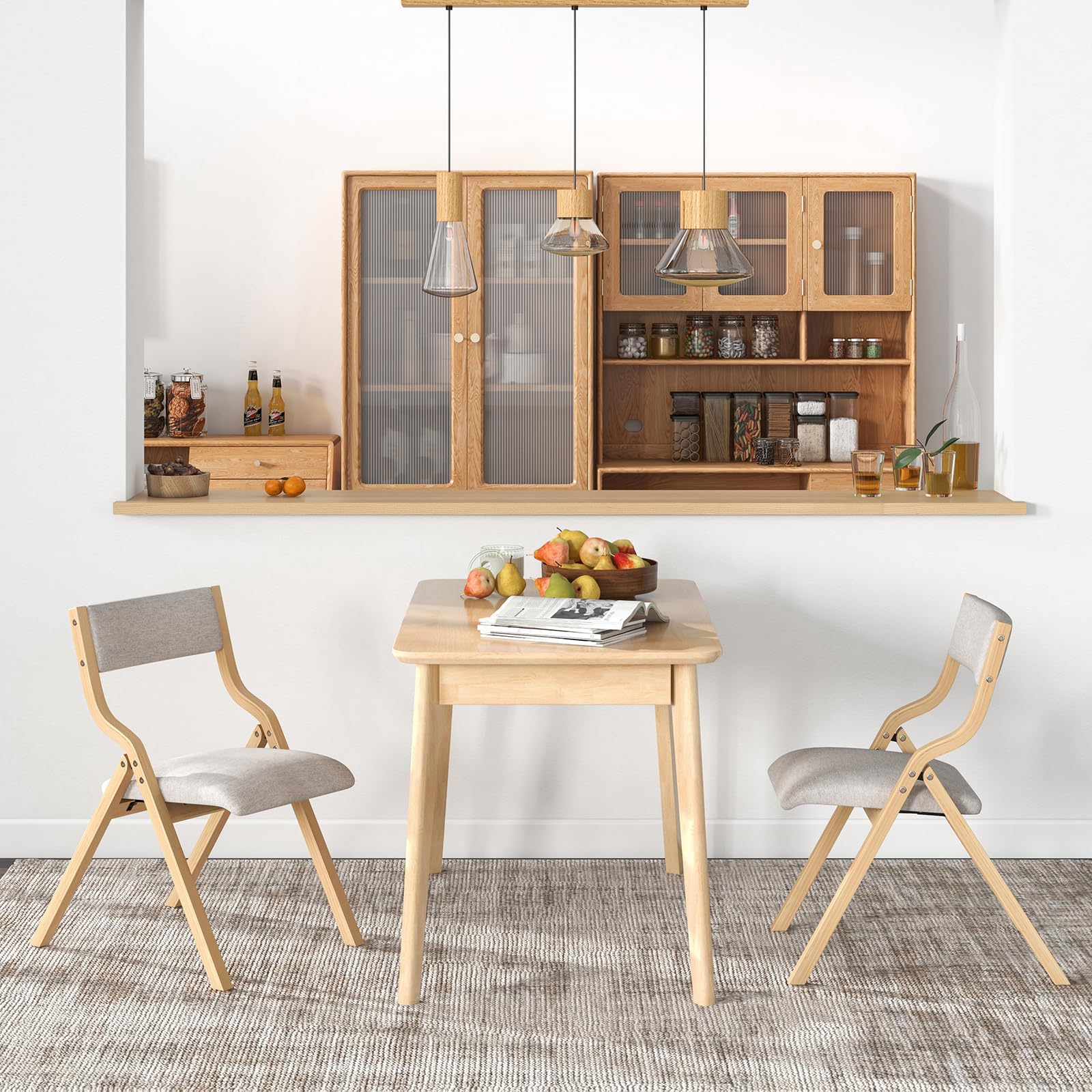 COSTWAY Set di 2 Sedie da Pranzo Pieghevoli, Sedie Imbottite con Telaio in Legno Massello e Sedile Imbottito in Tessuto di Lino, Aspetto Moderno Senza Braccioli per Cucina e Soggiorno (Naturale)