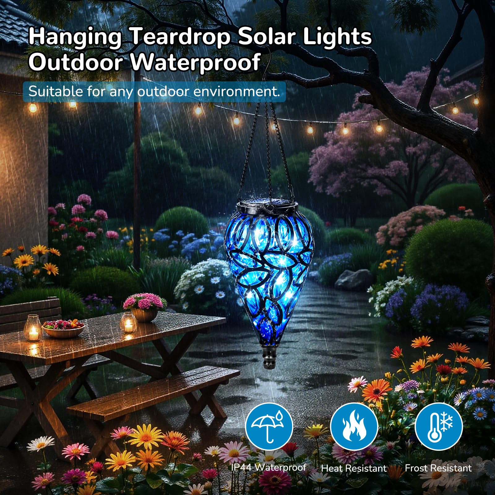 Teardrop Solar Lights Outdoor Garden, Waterproof IP44, Decorative Hanging Solar Lanterns for Outside with 20 LED Lights - Image 4