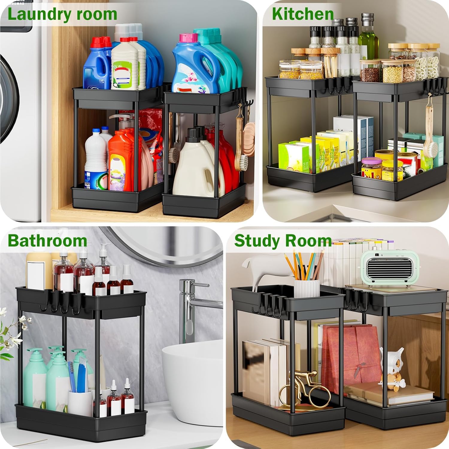 PurKeep Organizer da cucina – 2 pezzi a 2 ripiani da cucina sotto il lavandino, organizer con ganci, per bagno, piano di lavoro, nero