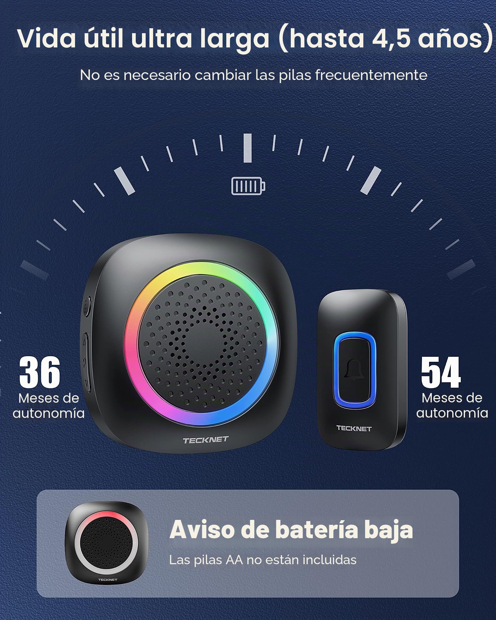 TECKNET Timbre Inalámbrico con Pilas, RGB Timbre Inalámbrico Exterior Impermeable IP66 con 3 Receptores, 400M Alcance, 5 Niveles de Volumen y 60 Melodías para Casa, Hotel, Oficina, Emergencia