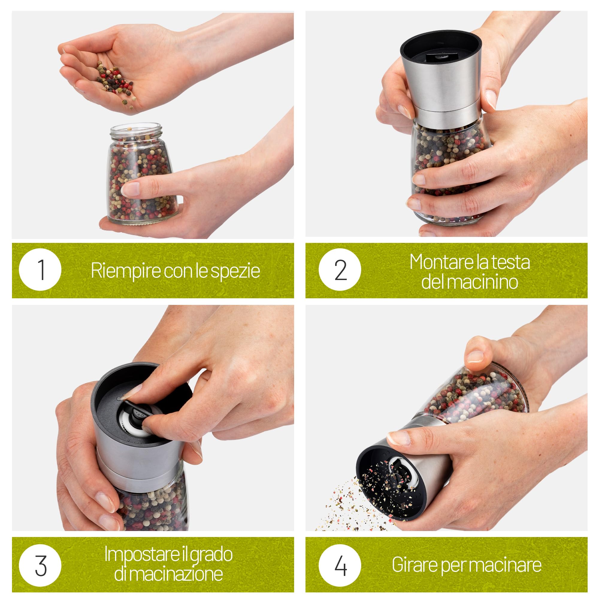 Macina sale e pepe con supporto in bambù – Set di 2 macinaspezie in acciaio inox e vetro – macina in ceramica regolabile, ricaricabile ed elegante per ogni cucina