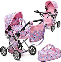 Vista 11 de Cochecito Convertible de Muñeca de Bebé con Portabebés de Viaje Extraíble para Niños, Mango Ajustable, Cochecito con Toldo y Cesta