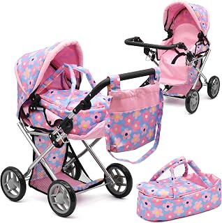 DollsToPlay 3-in-1 Baby Doll Convertible Stroller Pram, Adjustable 25" Handle, Canopy, Storage Basket - Blue for 12-18" Dolls