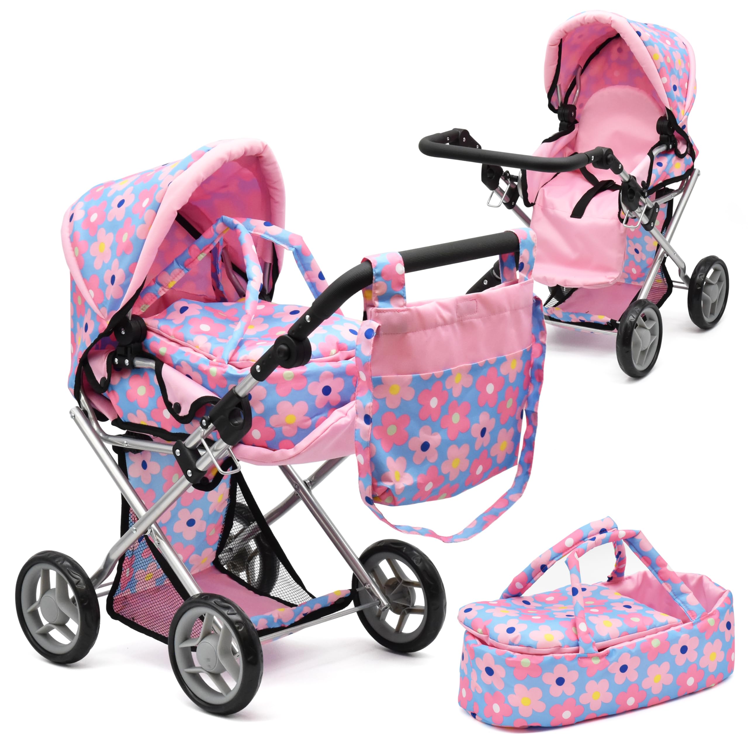 Baby Doll Convertible Pram Stroller Adjustable Handle Buggy Carriage with Canopy and Storage Basket 25 Inch Blue : Baby