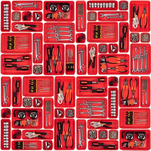 45 Pack Tool Box Organizer Tool Tray Dividers, Toolbox Drawer Organizers Storage Trays for Rolling Tool Chest, Work Bench Cabinet Bins, Hardware Parts Screw Nut Bolt Small Tools Organization - Red