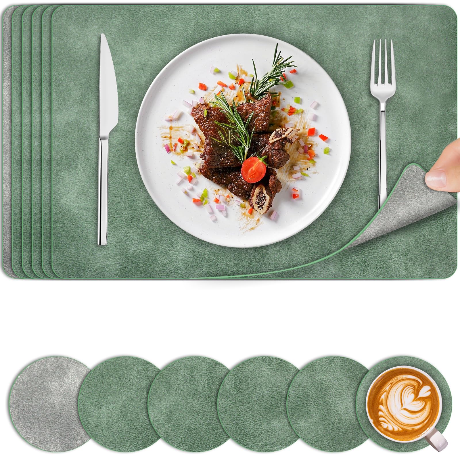 Placemats and Coaster Sets 6 | Faux Leather Place Mats and Coasters Heat Resistant | Wipeable Washable Dual-Sided Cowhide Table Mats | Table Placemat for Indoor Outdoor | 44.5 x 30cm | Green & Grey