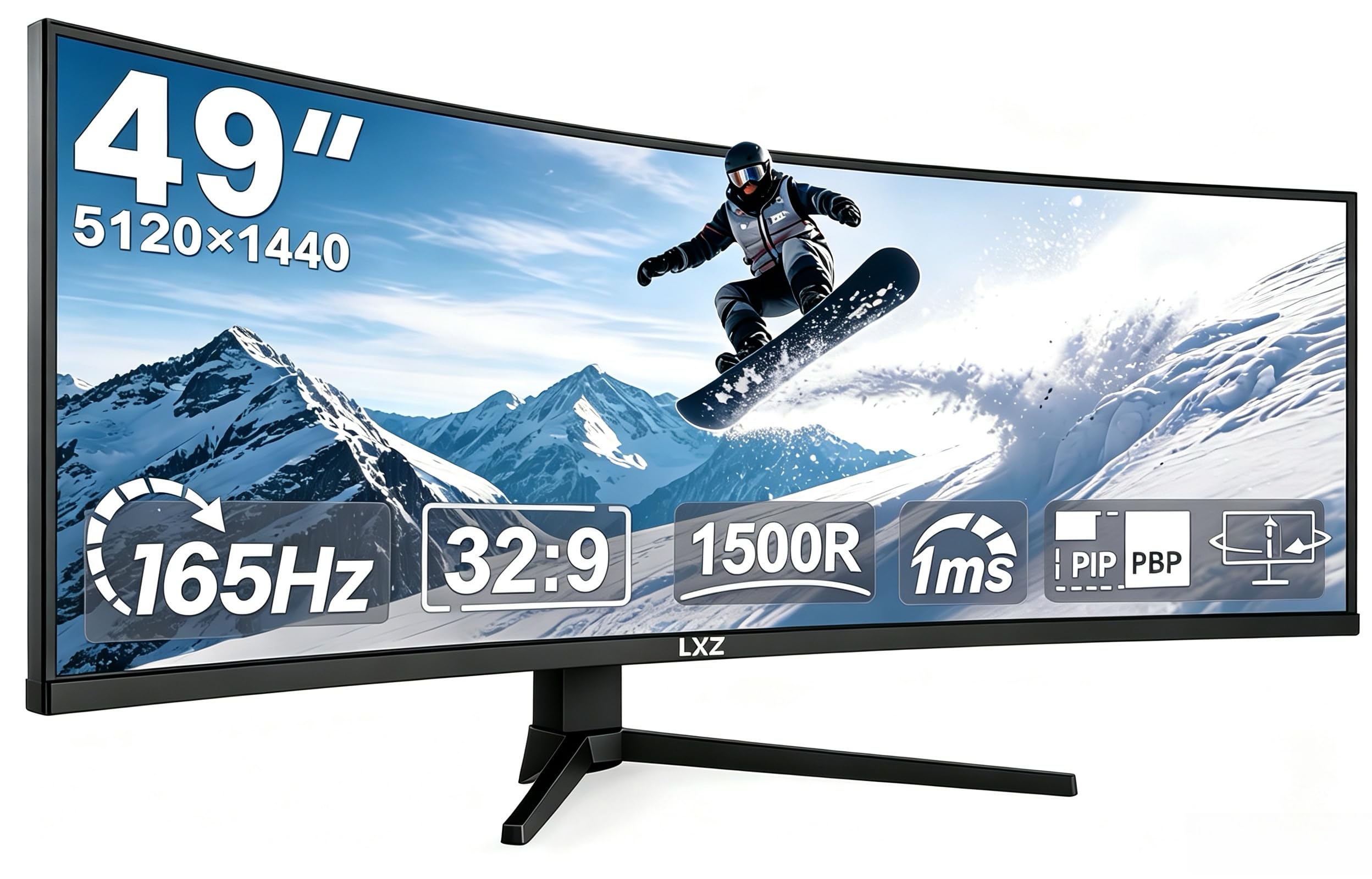LXZ Moniteur de jeu incurvé de 49 pouces 165 Hz, 5120 x 1440p DQHD, moniteur incurvé ultra large 1500R, écran PC réglable en hauteur avec FreeSync & G-Sync, MPRT 1ms, HDMI 2.1 et DP 1.4, VESA 75 x 75