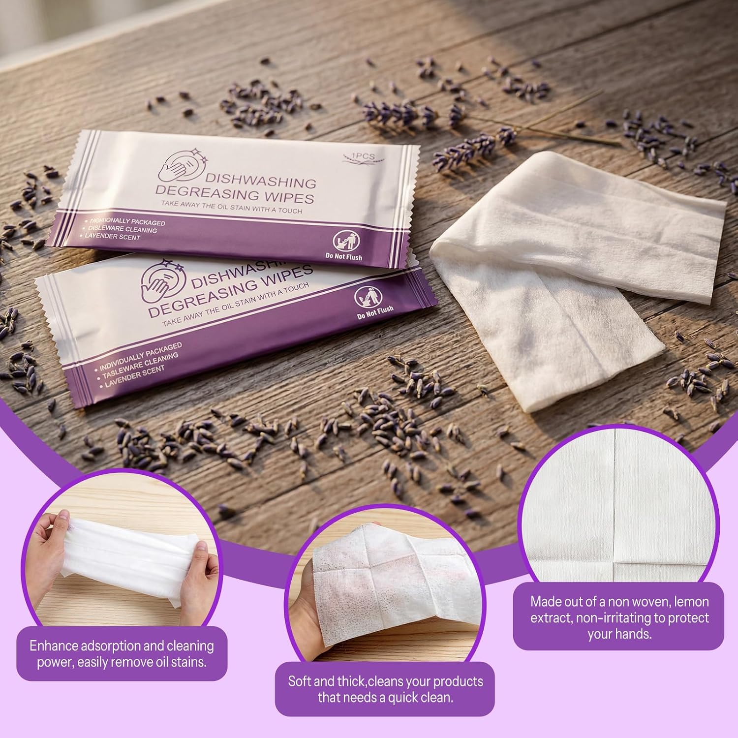 Dish Wipes for Camping Individually Wrapped Dish Cleaning Wipes Travel Lavender Scent 7.7”x 7.3” Disposable for Kitchen Outdoor Traveling RV Quick Clean (Pack of 500)