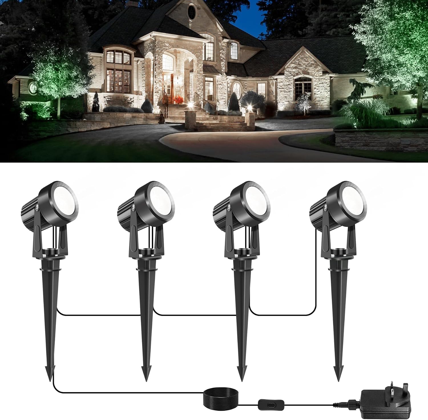 NATPOW Garden Spot Lights Mains Powered, Outdoor Landscape Spotlights 12W, LED 4-in-1 Spike Lights with Adapter, IP65 Waterproof 5V LED Garden Spike Light for Lawn, Pathway, Yard (6000K) NATPOW Garden Spot Lights Mains Powered, Outdoor Landscape Spotlights 12W, LED 4-in-1 Spike Lights with Adapter, IP65 Waterproof 5V LED Garden Spike Light for Lawn, Pathway, Yard (6000K)