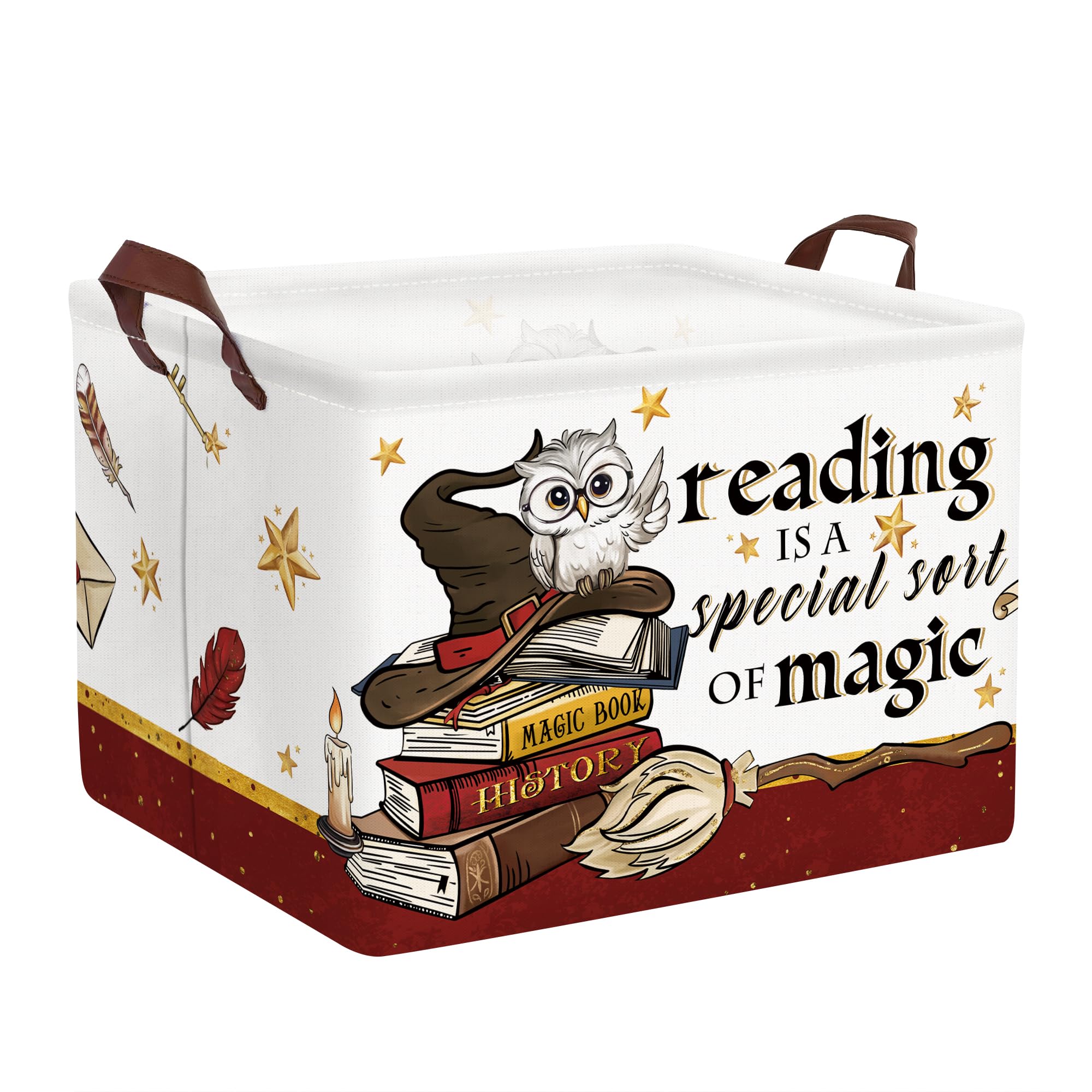 Clastyle Magic Nursery Decor Baby Gift Basket Kid Large Feather Hat Book Shelf Basket Broomstick Collapsible Rectangle Clothes Toy Bin,Wand Owl,40 * 30 * 30 cm