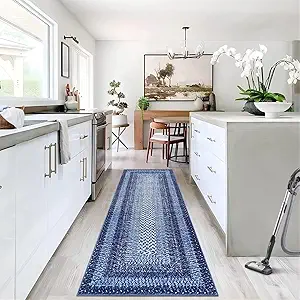 GAOMON Braided Print Washable Non-Slip Hallway Runners Entryway Rug - 2x6, Ultra-Thin Farmhouse Kitchen Mat Bedroom Bedside Laundry Distressed Non-Shedding Accent Carpet - Navy