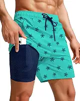 Calções de banho masculinos, forro de compressão, secagem rápida, cordão, roupa de banho masculina, sunga estampada