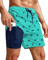 Calções de banho masculinos, forro de compressão, secagem rápida, cordão, roupa de banho masculina, sunga estampada