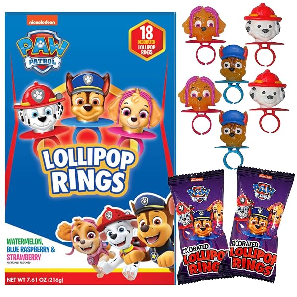 Paw Patrol Decorated Themed Lollipop Rings, Candy Exchange Kit, Assorted Fruit Flavored Hard Candies, 18 Individually Wr
