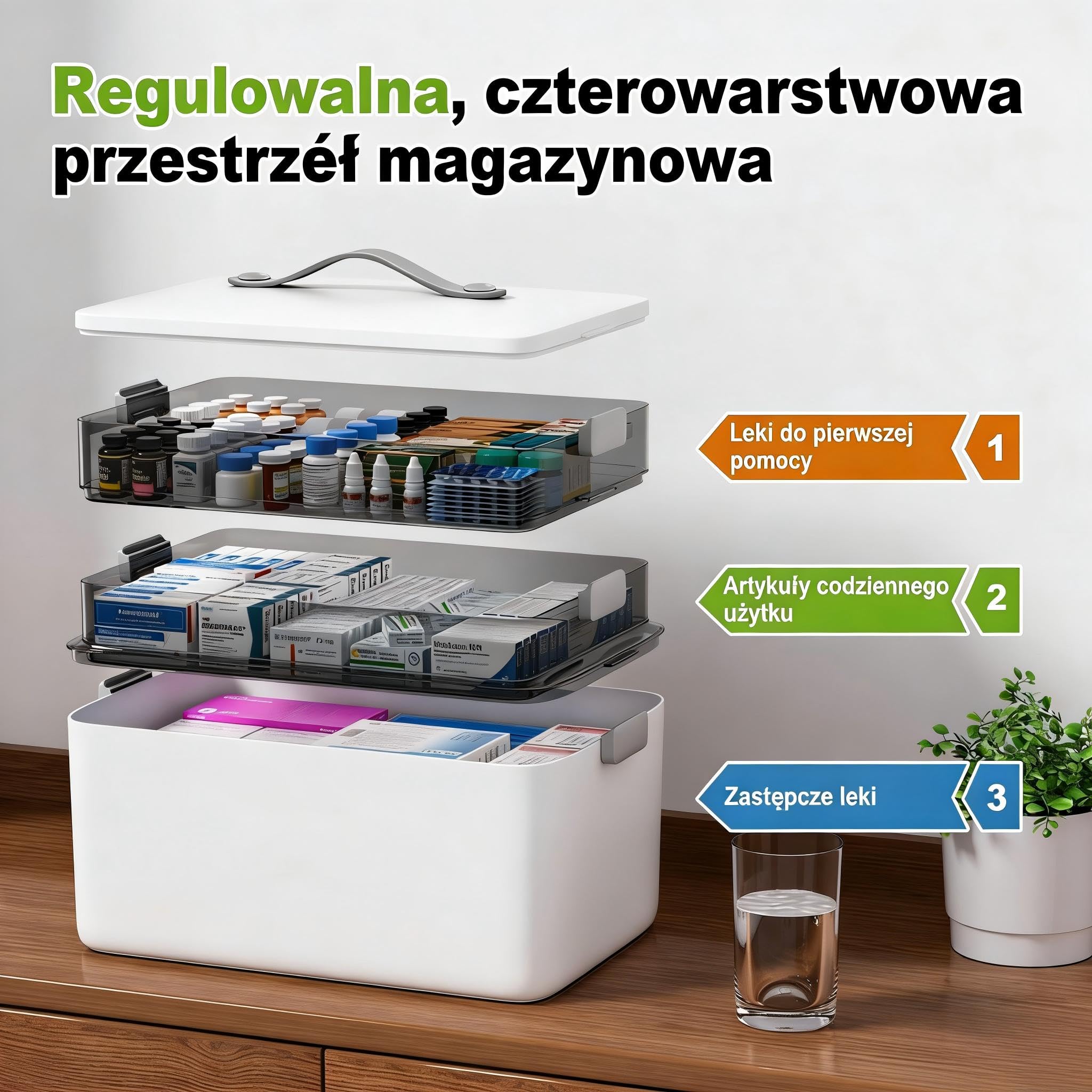 MOPUP 3-warstwowe pudełko pierwszej pomocy, pudełko do przechowywania leków o dużej pojemności (34 x 22 x 25,5 cm) – z uchwytem i wyjmowanymi przegródkami, odpowiednie dla rodziny, biura, szkoły i na