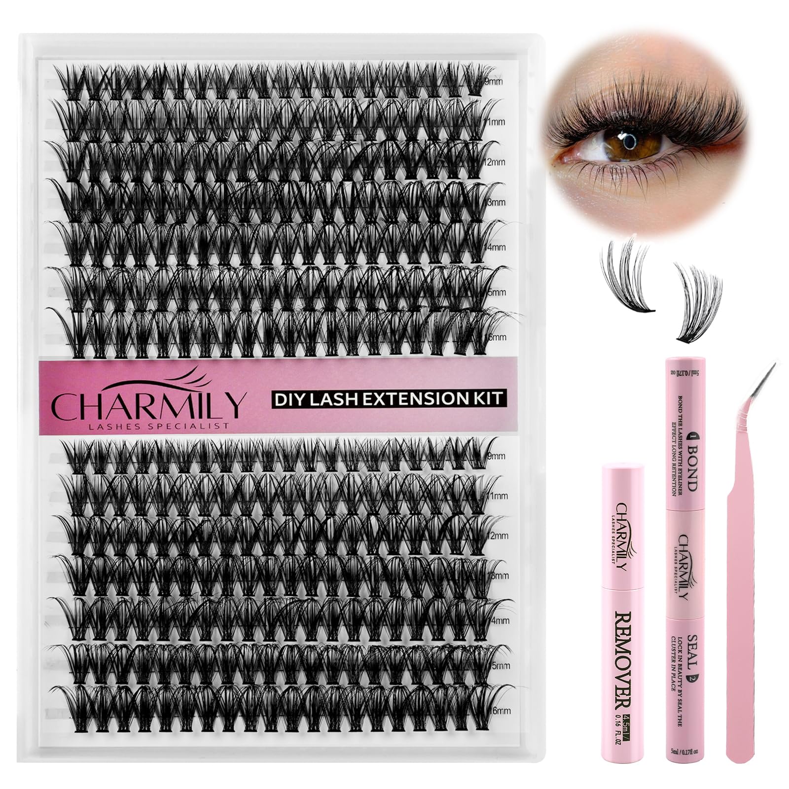 Charmily DIY Lash Extension Kit - 280pcs Lashes Clusters 0.07D 40D+50D Mix, 9-16mm D Curl Soft Wispy Lash Clusters Kit with Bond, Seal, Remover &