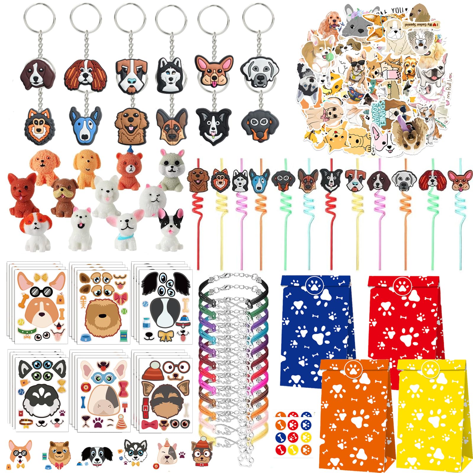 Colarr 152 Pcs Dog Party Favors Birthday Supplies Paw Bracelets Keychain Dog Plastic Straws Dog Stickers Table Toppers Paper Bags Puppy Party Decorations for Kids Animal Theme School Classroom Reward