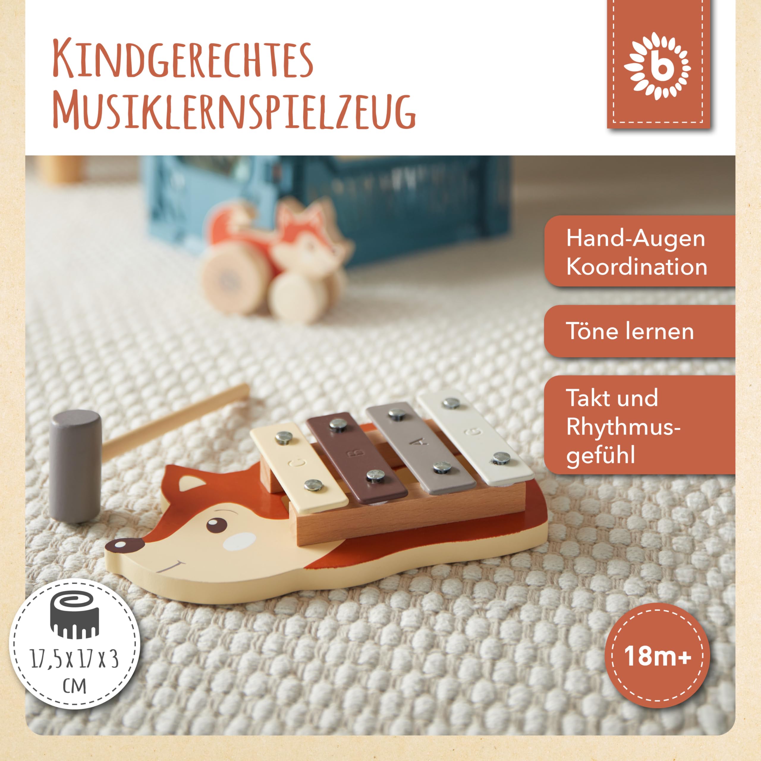 Bieco Mini Fuchs Kinder Xylophon - Baby Spielzeug Glockenspiel für Kinder ab 1 Jahr - Waldtiere Xylophon Holz - Glockenspiel Holz - 3