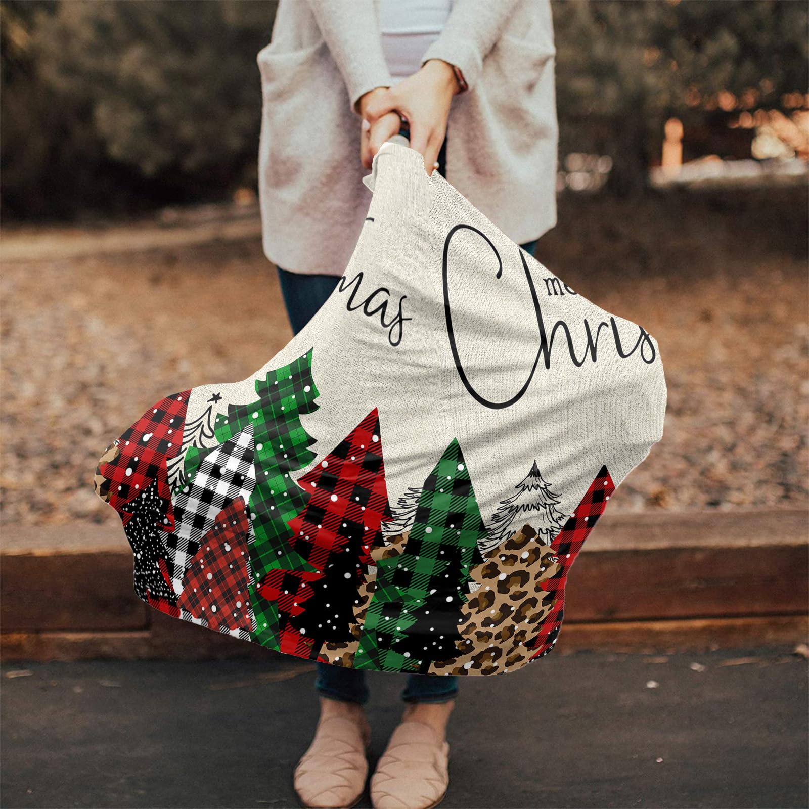 Nursing Cover for Breastfeeding Scarf, Vintage Merry Christmas Red Plaid Xmas Tree Leopard Baby Car Covers Super Soft Multi Use for Canopy Shopping Cart Cover Blanket Stroller Cover