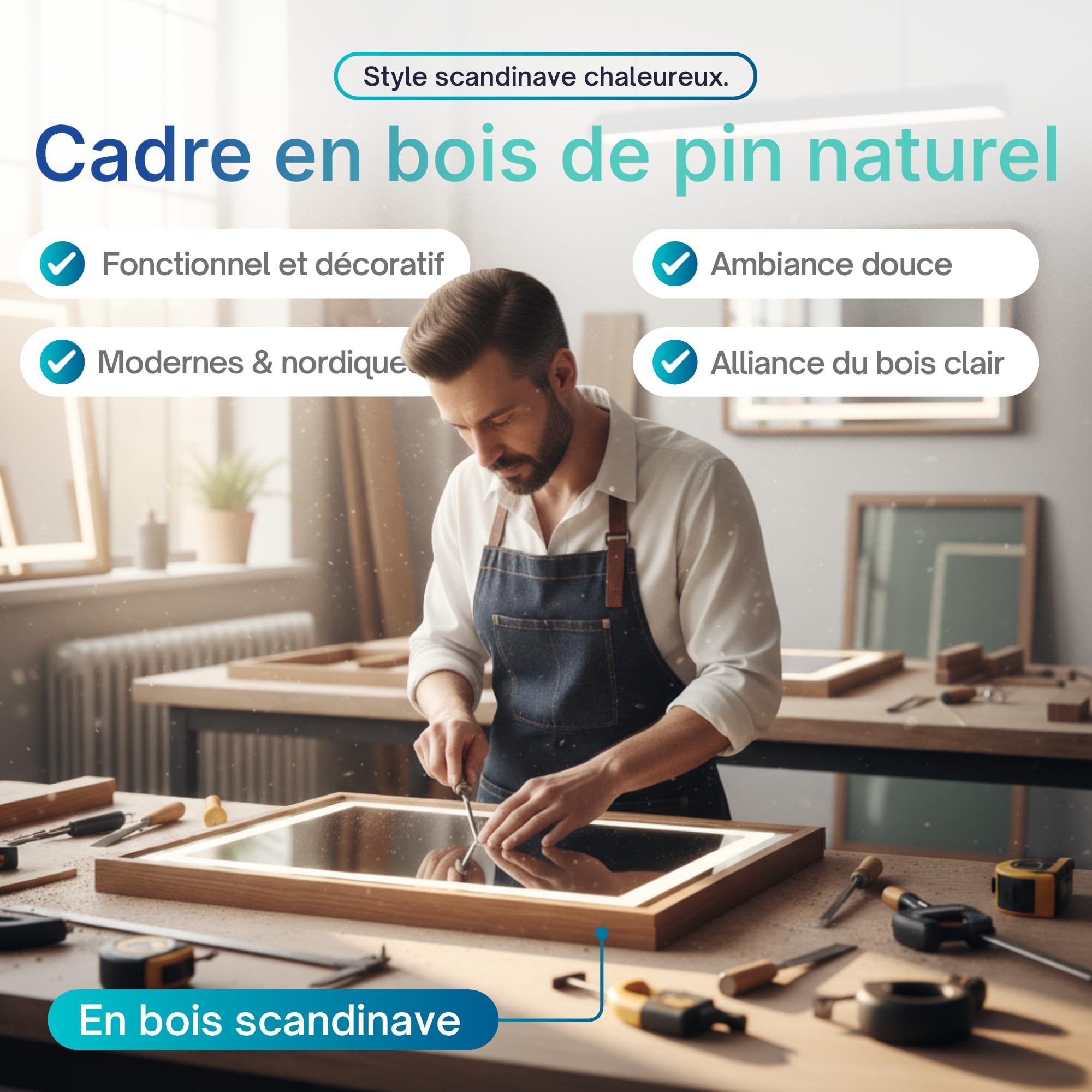 Specchio da parete a LED 70 x 100 cm con cornice in legno – Illuminazione incorporata luce calda o bianca – Pulsante touch, funzione disappannamento e striscia LED impermeabile – ideale per