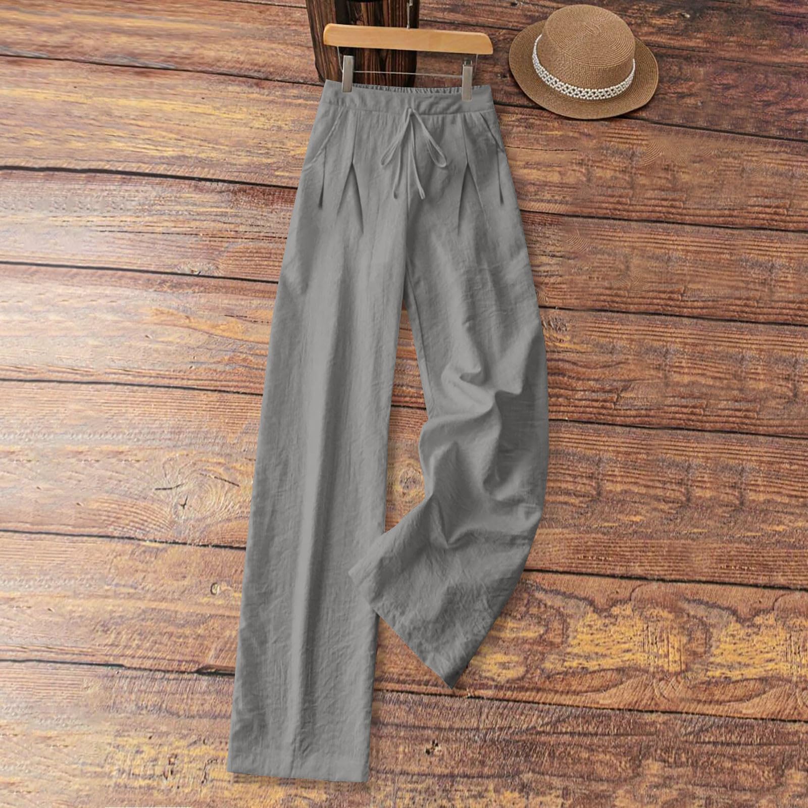 Pantalones de Lino Mujer Algodón Cintura Elástica Cordón Pierna Ancha Rectos Cómodos Transpirables Playa