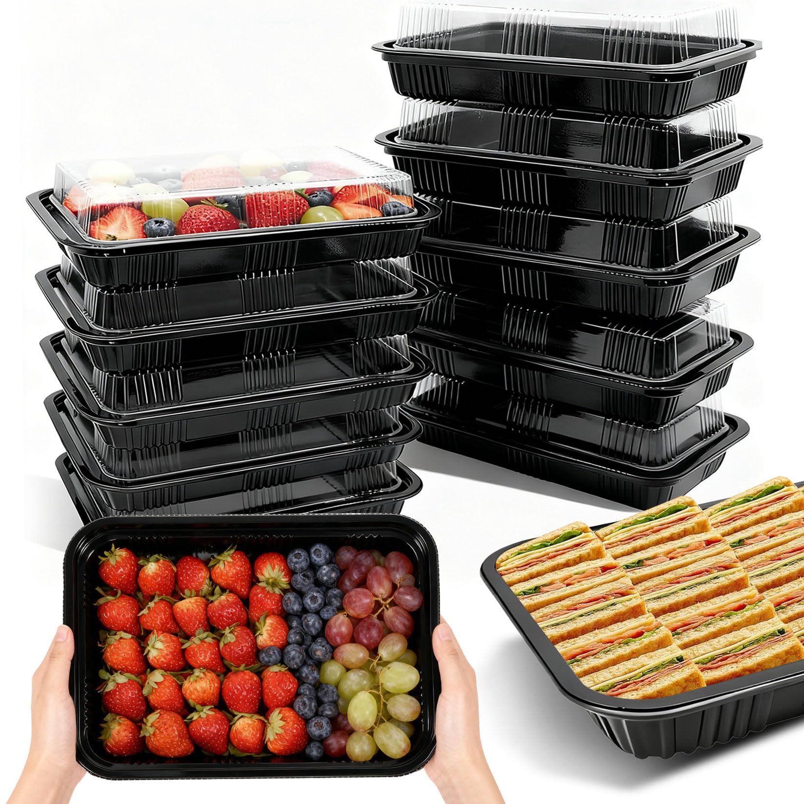 WangChaoJiu 14 Pcs Large Sandwich Platter Trays With Lids Black, Large Buffet Trays with Lids, Sandwich Platters with LidsPlatters for Party Food Cake Sushi Catering Camping(260x190x38 mm)