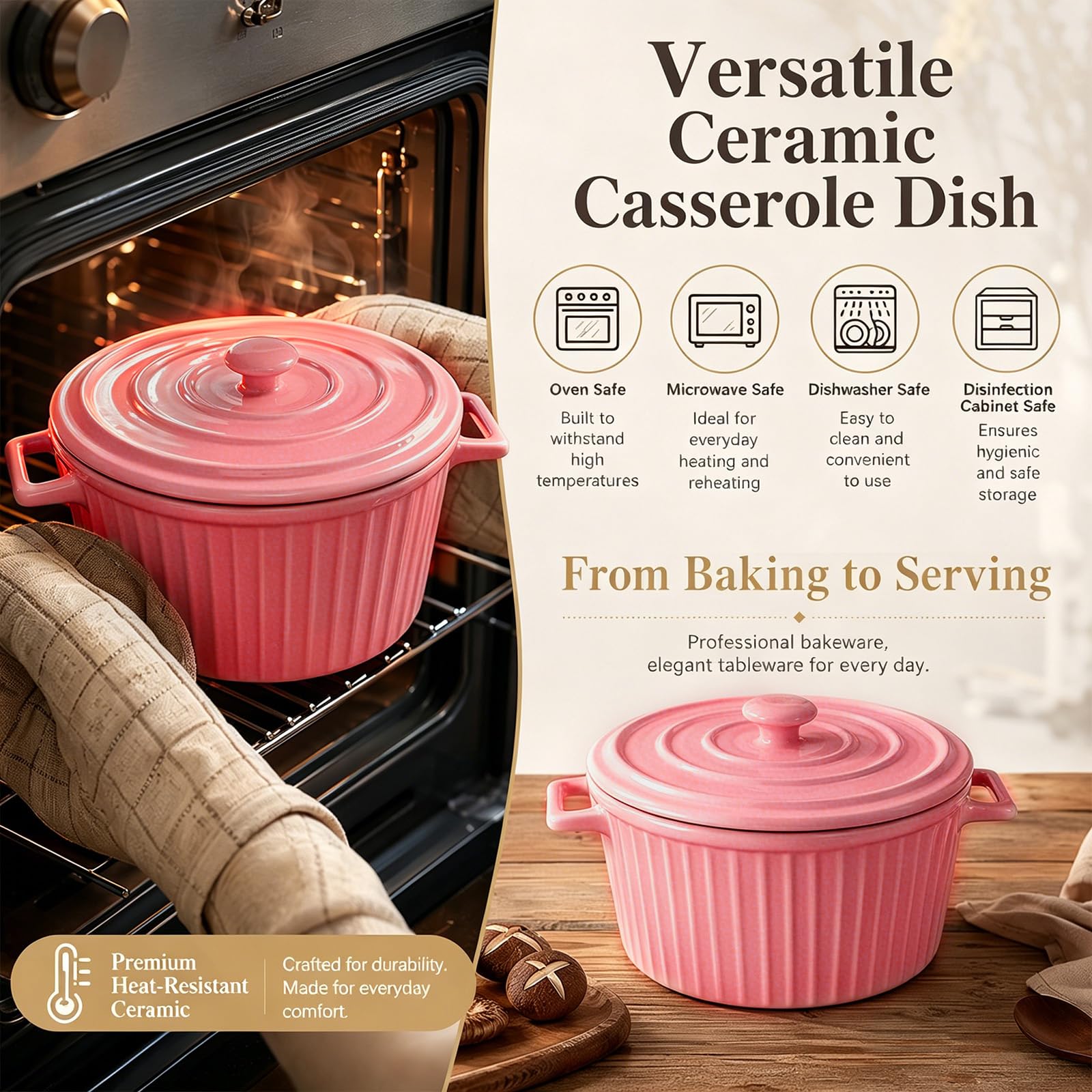 Plat à Gratin en Céramique avec Couvercle, 1,2L, Mini Cocotte avec Poignées, Grand Bol pour Lasagnes, Ramen, Pâtisserie, Moules Ronds pour Four, Micro-ondes, Rose Framboise