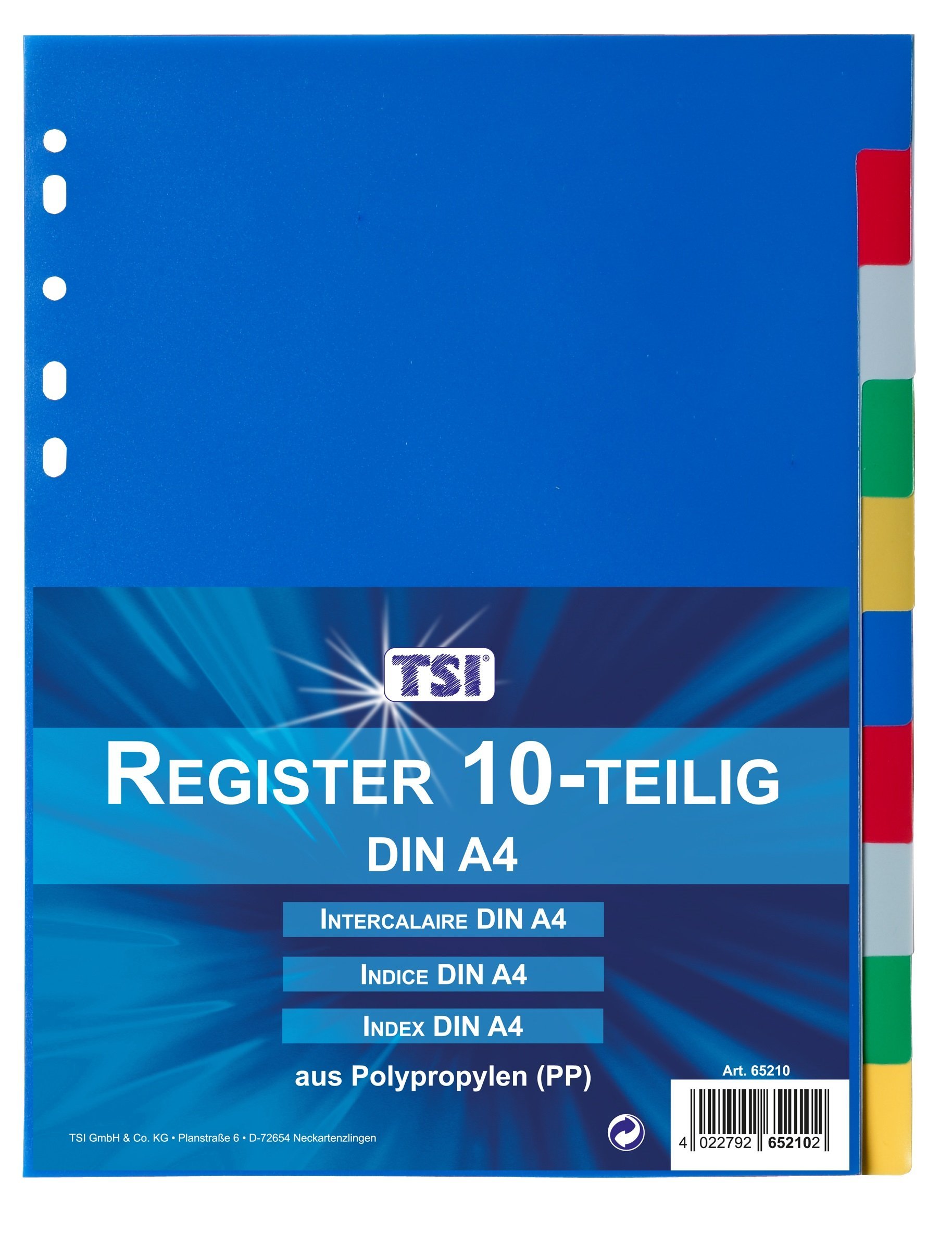 TSI 65210 Intercalaires Classeur, Onglet en Plastique PP 10 Pièces, Onglets Multicolores