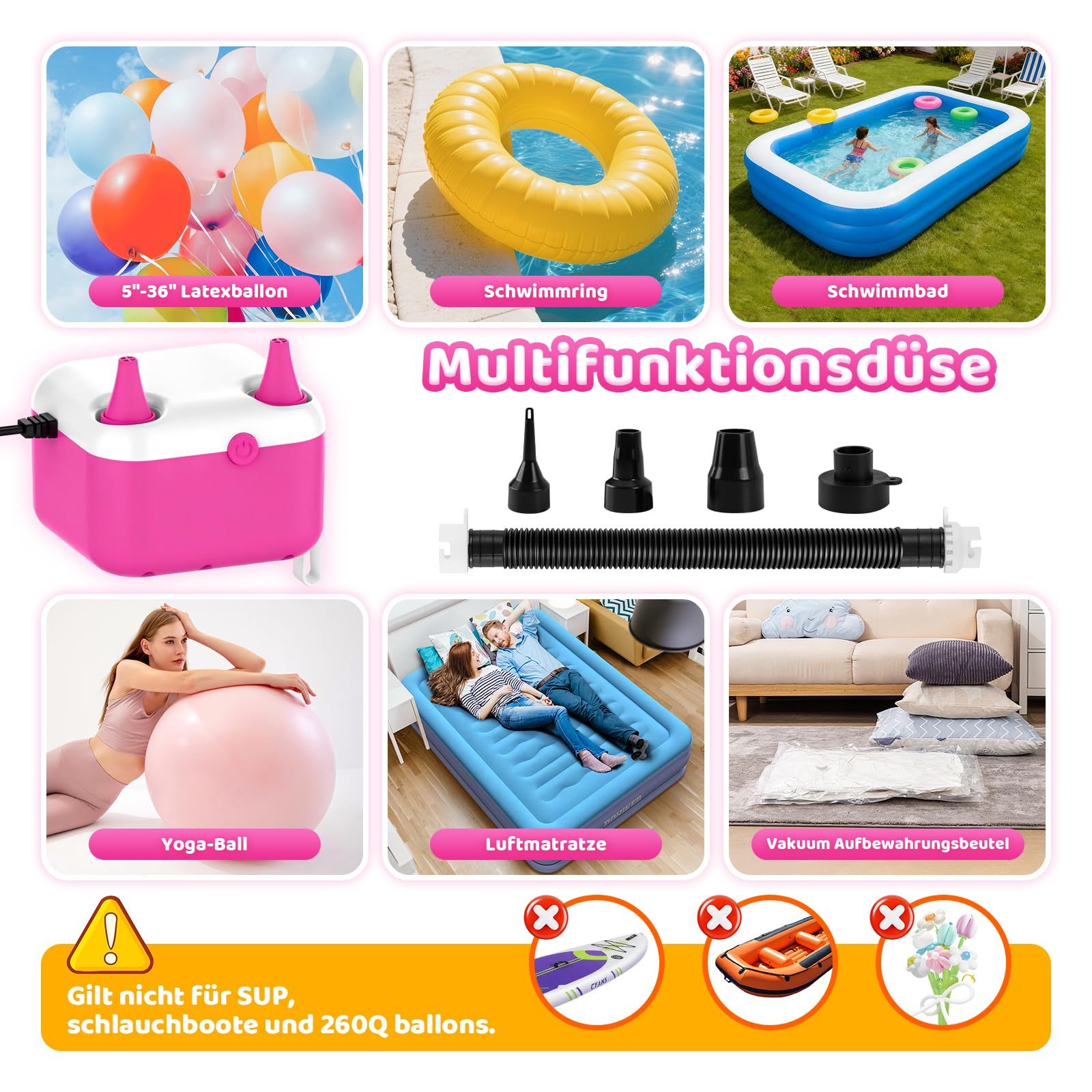 Luftballonpumpe Elektrische, 3-in-1 Elektrische Luftpumpe CEE 7/16 Stecker, Ballonpumpe mit 2 Luftdüsen zum Aufblasen/Entleeren von Poolschwimmer, Luftmatratzen und Luftballons für Dekorationen Party