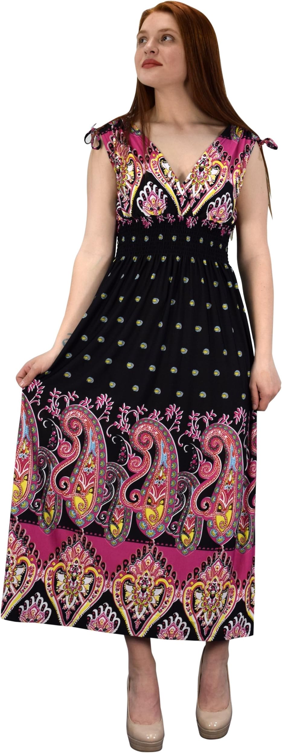 Womens Summer Exotic Floral Bohemian Tahiti Sleeveless Maxi Dress Polka Dot Black Fuchsia Large