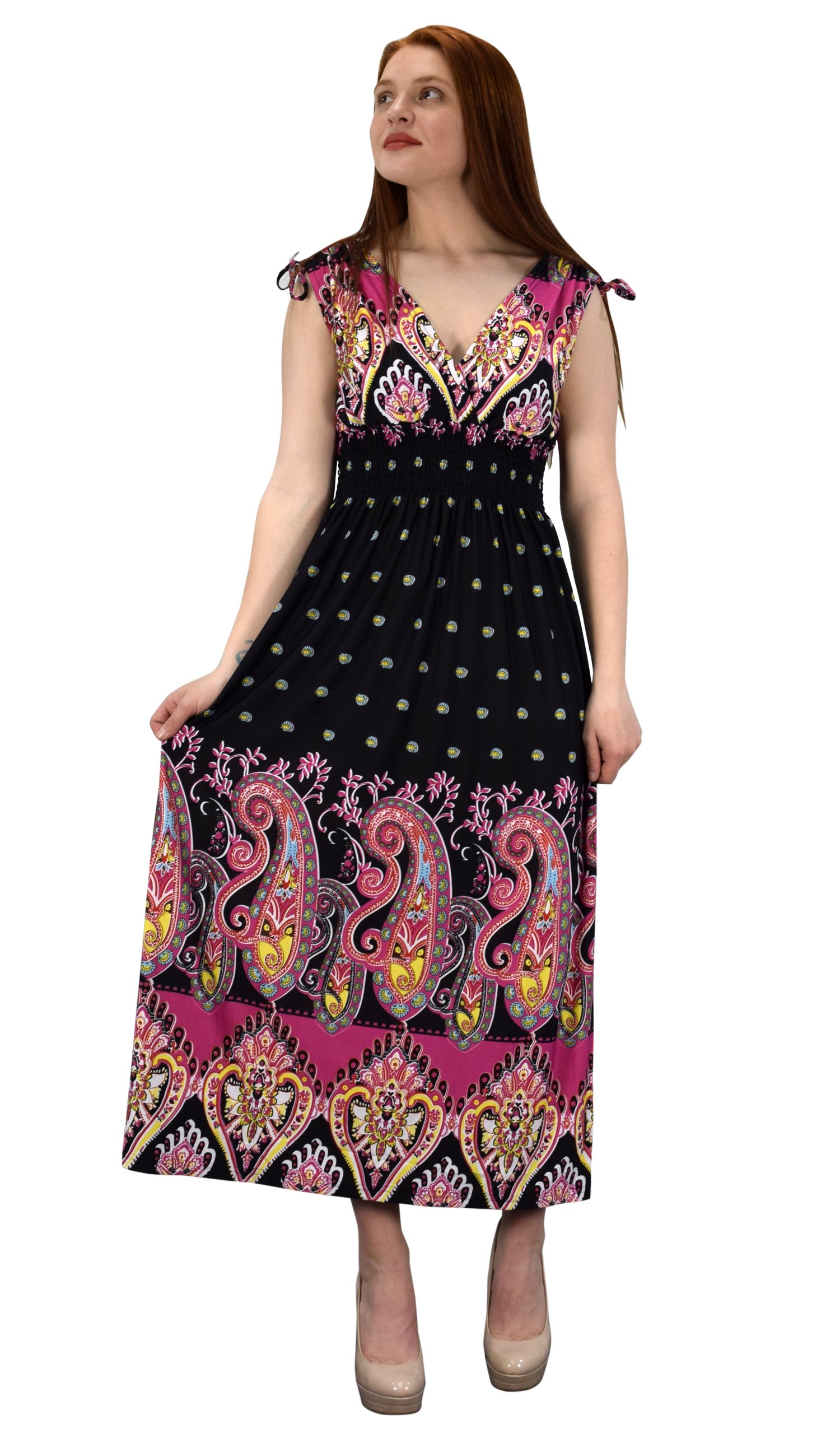 Womens Summer Exotic Floral Bohemian Tahiti Sleeveless Maxi Dress Polka Dot Black Fuchsia Large