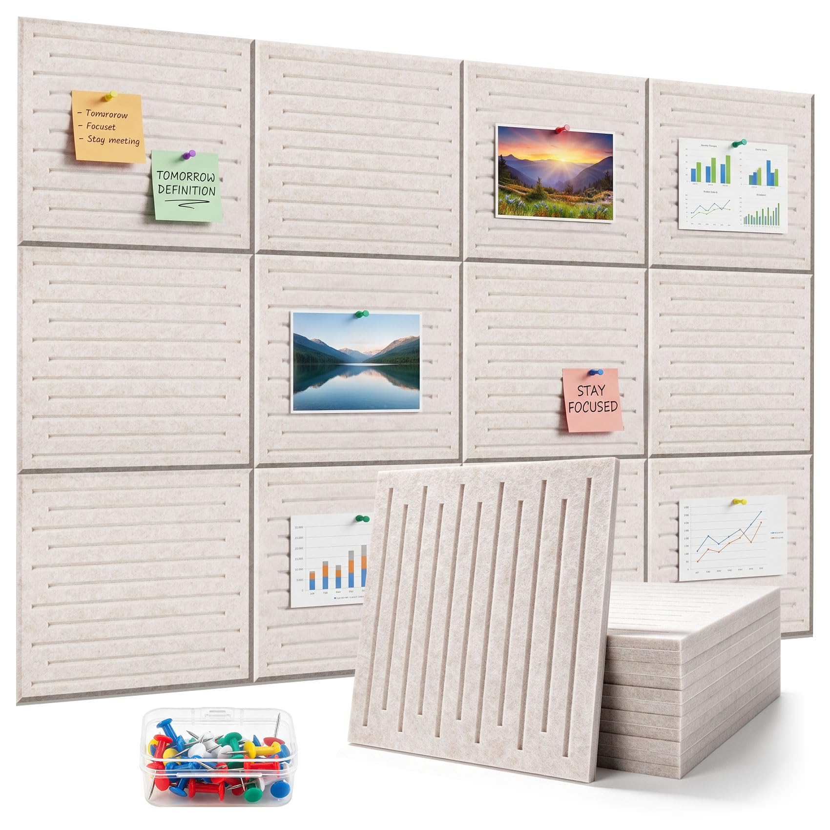 Felt Bulletin Board,12 Pack Large Felt Cork Board,30x30cm Thick 12mm Self-Adhesive Tiles with Pushpins,Memories Pinboard Display for Photo DIY Modern Striped Home Office Decor