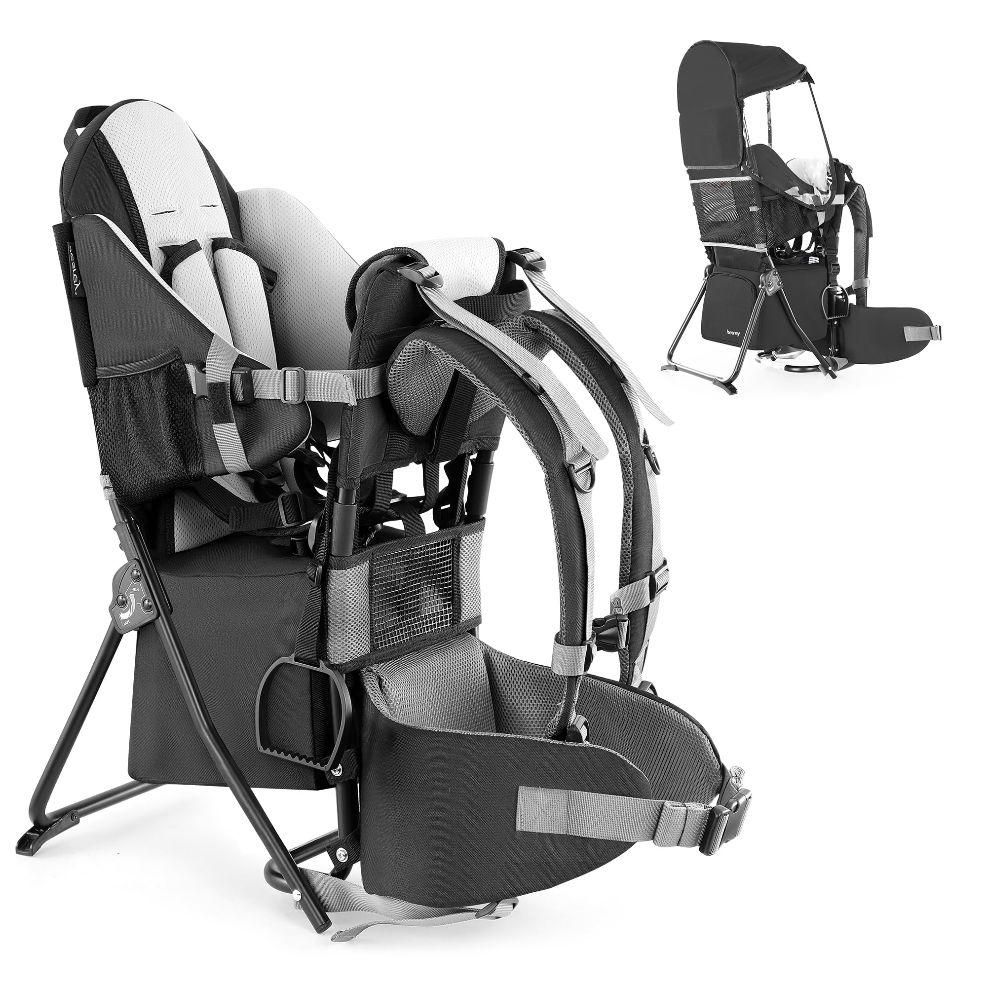 besrey Baby Backpack Carrier, Toddler Hiking Backpack with Safety 3-Height Seat, Adjustable Straps&Waist Belt, Foldable Frame Lightweight Large Capacity Child Carrier for Hiking Black