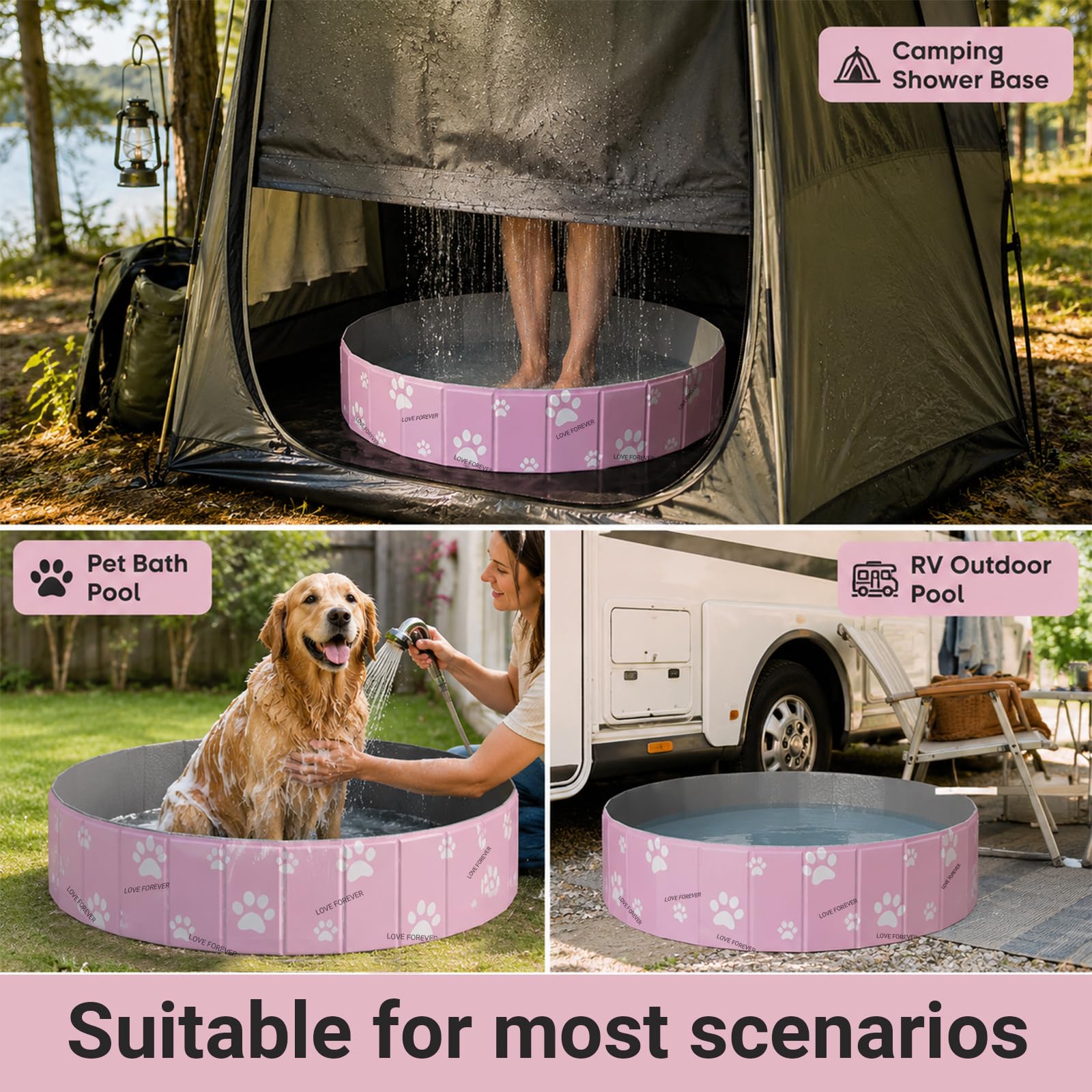 ZoneYan Piscina Pieghevole per Cani 80 * 30 cm, Vasca da Bagno per Cani Antiscivolo in PVC, Piscina per Cani con Doppio Scarico, Doccia Pieghevole per Animali per Cani Piccoli e Medi (Rosa)