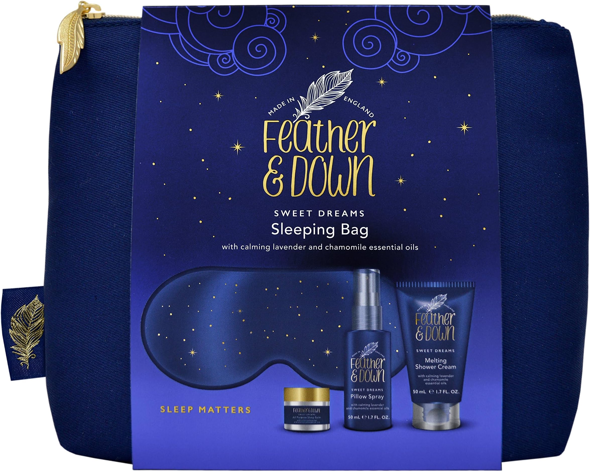 Sleeping Bag Gift Set (luxury eye mask, sleep balm, pillow spray and shower cream) - relaxation gift with calming lavender & chamomile essential oils perfect for Mothers Day