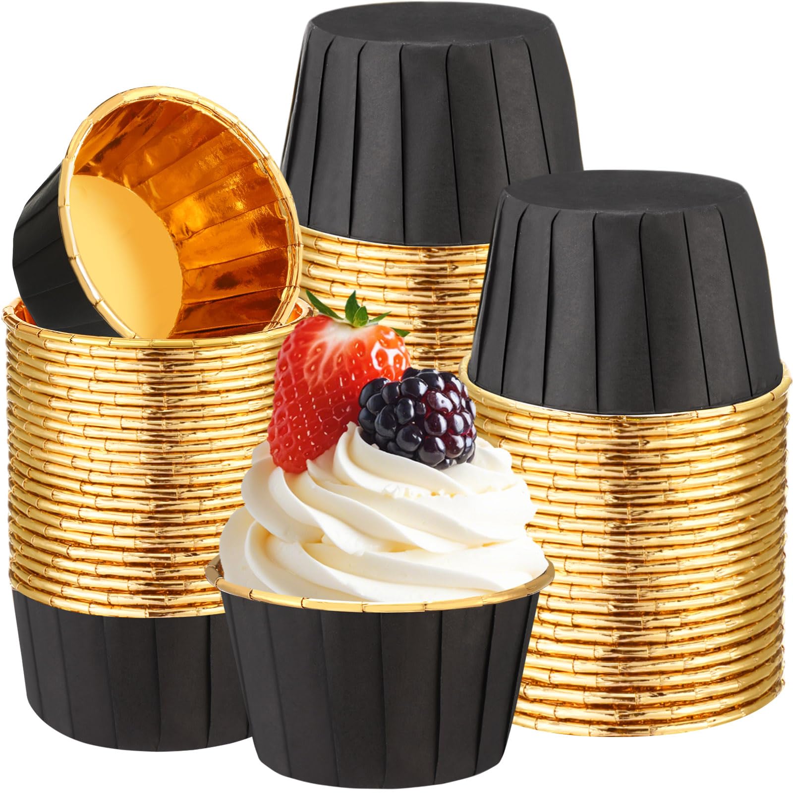 50 Pack Black Gold Cupcake Liners Bulk Disposable Foil Muffin Cup