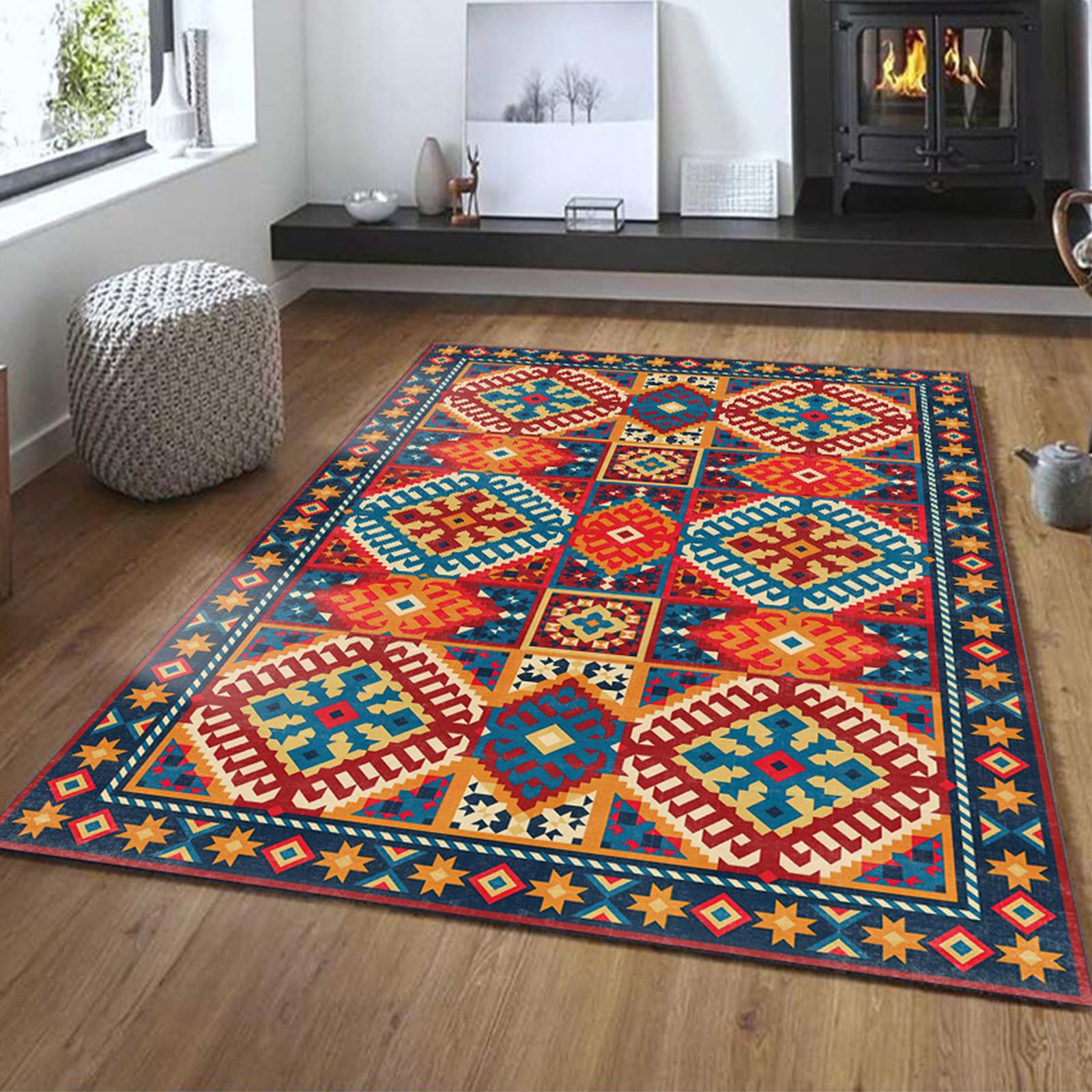 Tapis De Salon - Multicolore - 150 X 170 Cm - Antidérapant - Lavable - Pour Chambre à Coucher - Poils Courts - Rouge, Orange, Jaune, Vert, Marron