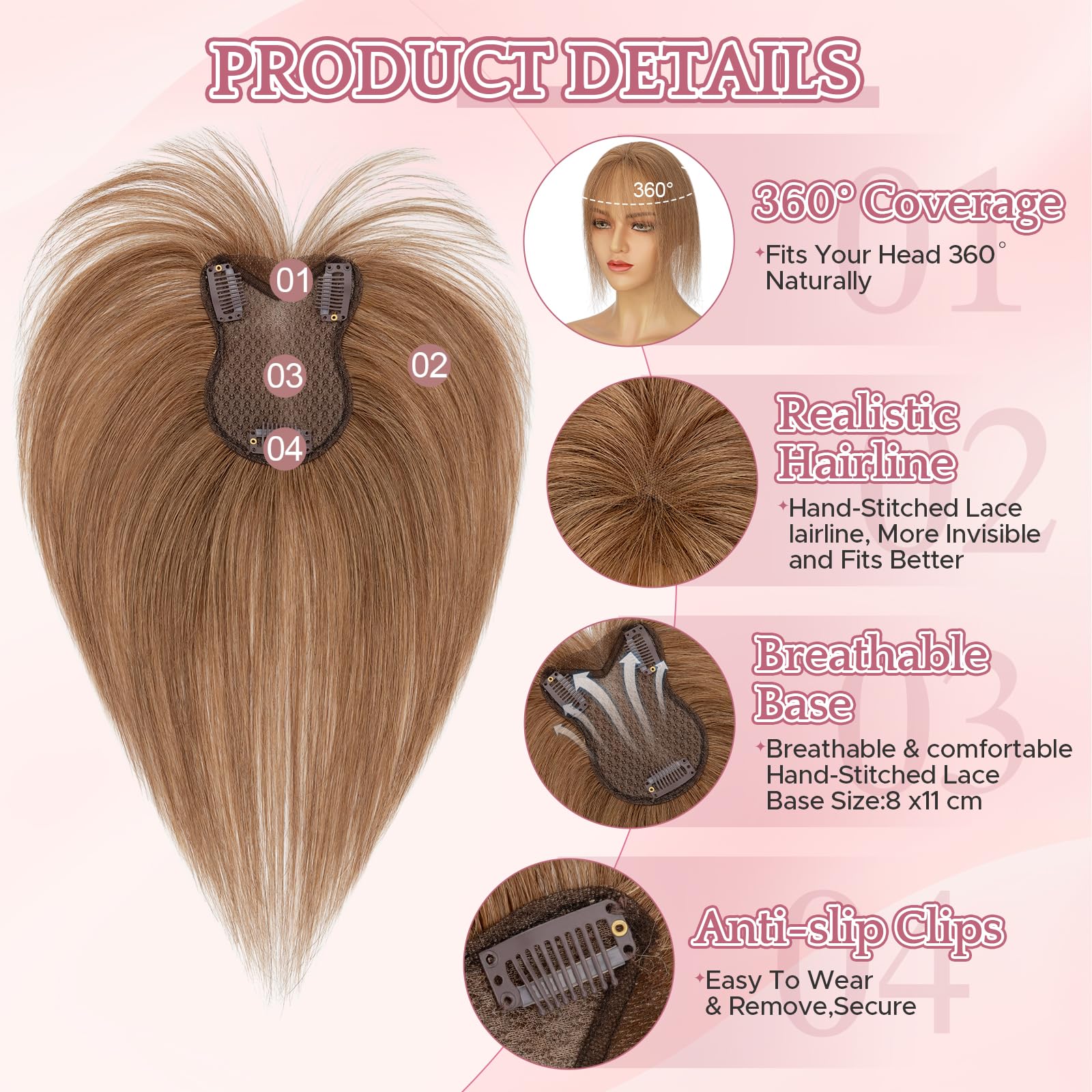 SEGOHAIR Human Hair Topper with Bangs Double-Layer Hand-stitched Thinning Hair Toppers 360°3D Coverage Clip in Bangs Natural for Women Breathable 11inch Chestnut Brown,21g - Image 4