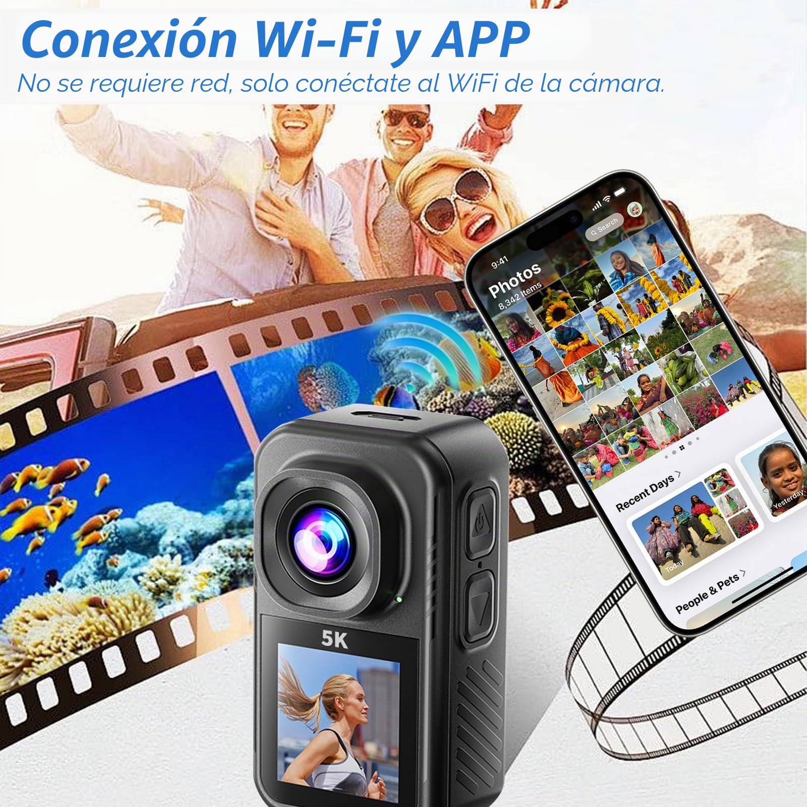 Cámara de Acción 5K Mini Cámara Corporal POV, Subacuática Impermeable 30m/EIS Pantalla Táctil /Imagen Clara,Body Cam Accesorios Multifuncionales WiFi para Ciclismo, Viajes,Caminatas + Tarjeta 64GB