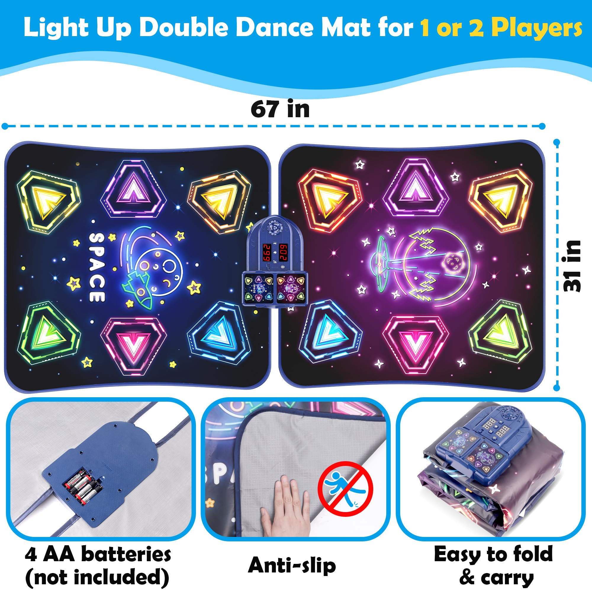 Alfombrillas de baile electrónicas dobles grandes, almohadilla de baile con luz LED y Bluetooth inalámbrico, juguete de baile musical con 6 modos de juego, juego de desafío para jugadores individuales 7
