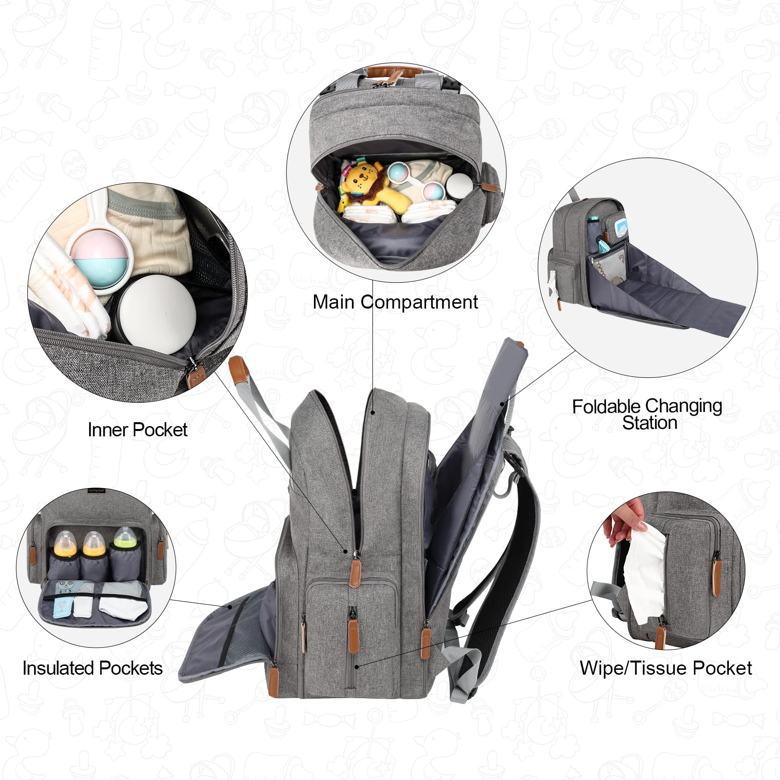 Diaper Bag Backpack with Changing Station, Baby Diaper Bag Organizer for Moms Dads Large Baby Changing Bags