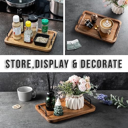 Miniatura 3 de James.F - Bandeja otomana para servir mesa de café, tablas de servir charcutería con asas, bandejas grandes de madera de acacia y platos