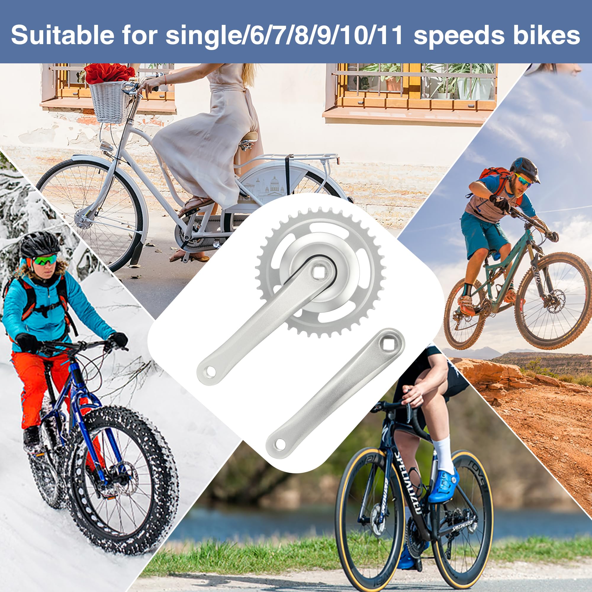 ZUKKA 170mm Fahrrad Kurbelgarnitur 38T/42T for Single/1/6/7/8 Speeds Arm aus Aluminiumlegierung für MTB Mountainbike Getriebe Vierkant Getriebe,Schwarz/Silber