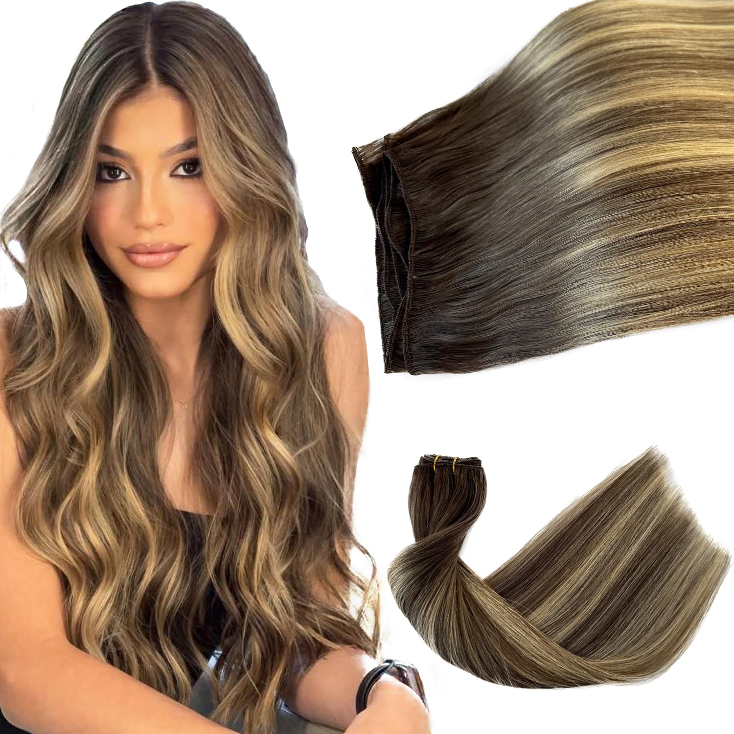 Sew in Hair Extensions Real Human Hair, Hand Tied Human Hair Weft Extensions 16 Inch Ombre Ash Brown to Ash Blonde Balayage Blonde Highlights Hair
