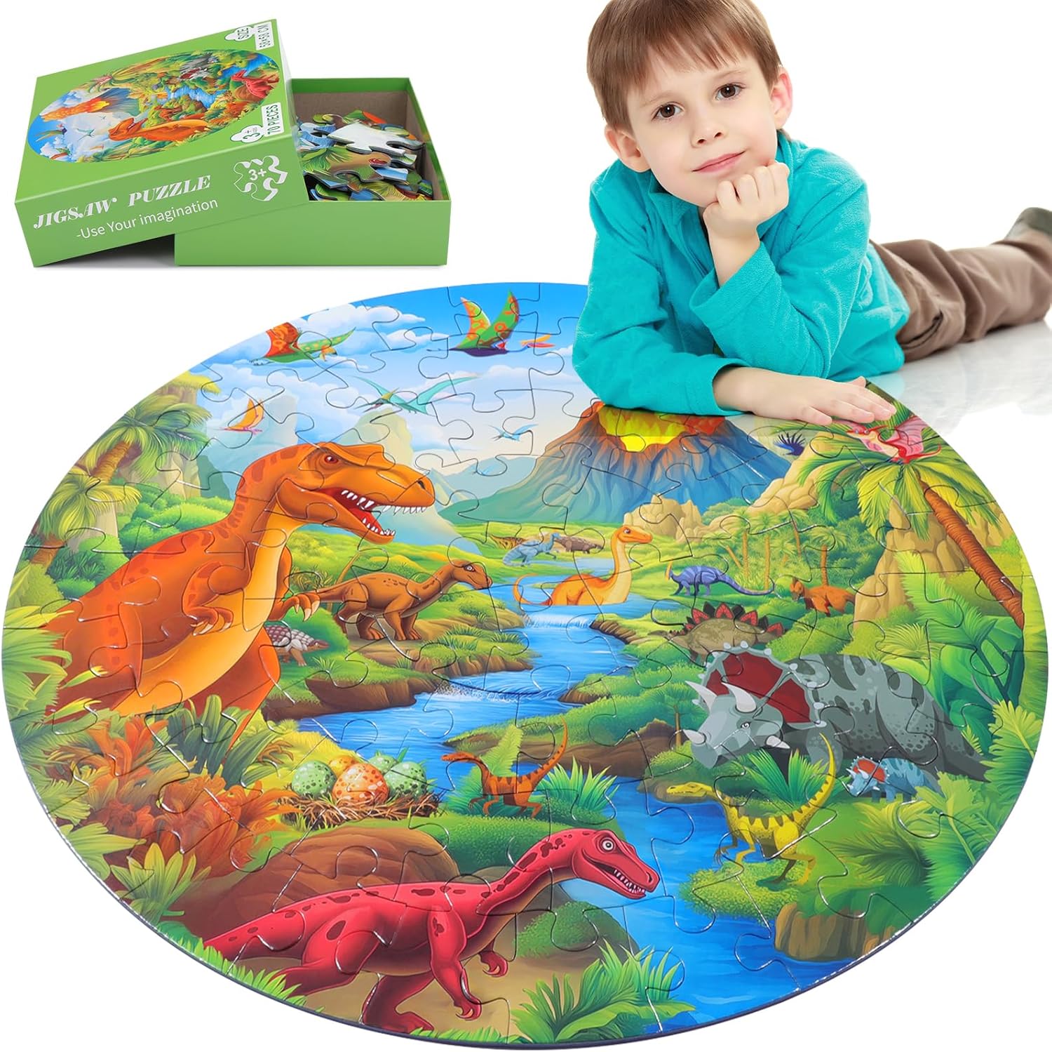 Civaner 70 Pieces Floor Puzzles Round Large Puzzles for Kids Ages 3-5 5-8 Jumbo Jigsaw Puzzle Educational Gifts for Toddlers Girls Boys Baby Shower Holiday Birthday(Jurassic Dinosaur)